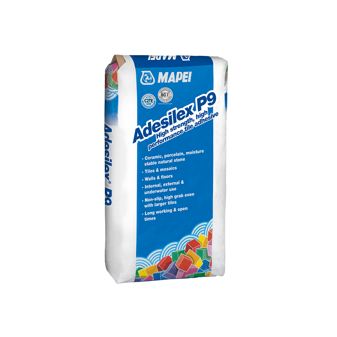 A bag of Mapei Adesilex P9 high-performance tile adhesive with product details.