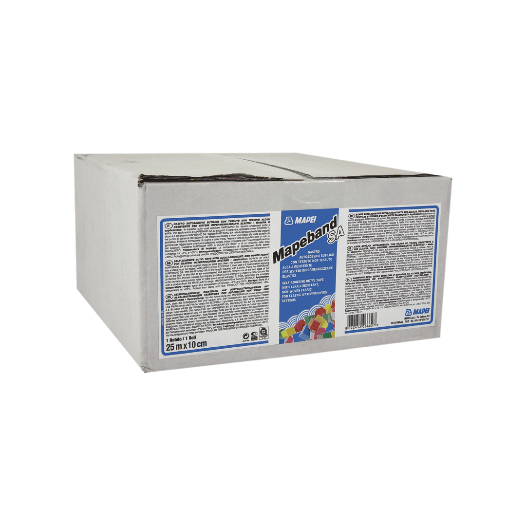 A cardboard box of Mapeband with product information and branding on the label.