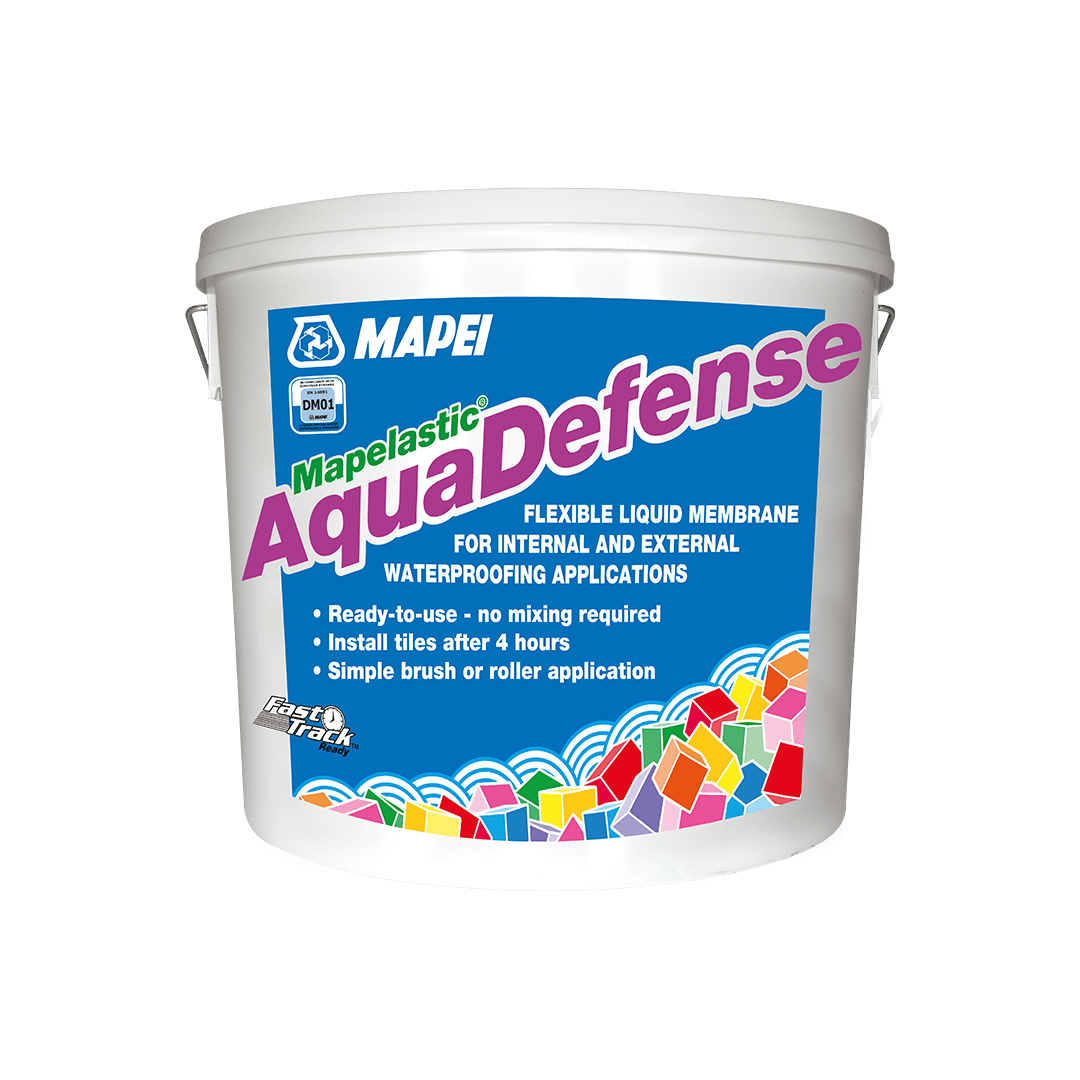 Container of Mapei Mapelastic AquaDefense waterproofing liquid membrane.