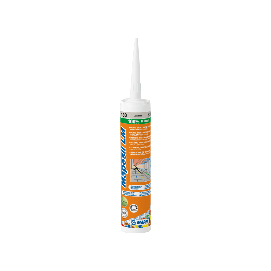 Cartridge of Mapesil LM 100% silicone sealant with nozzle on white background.