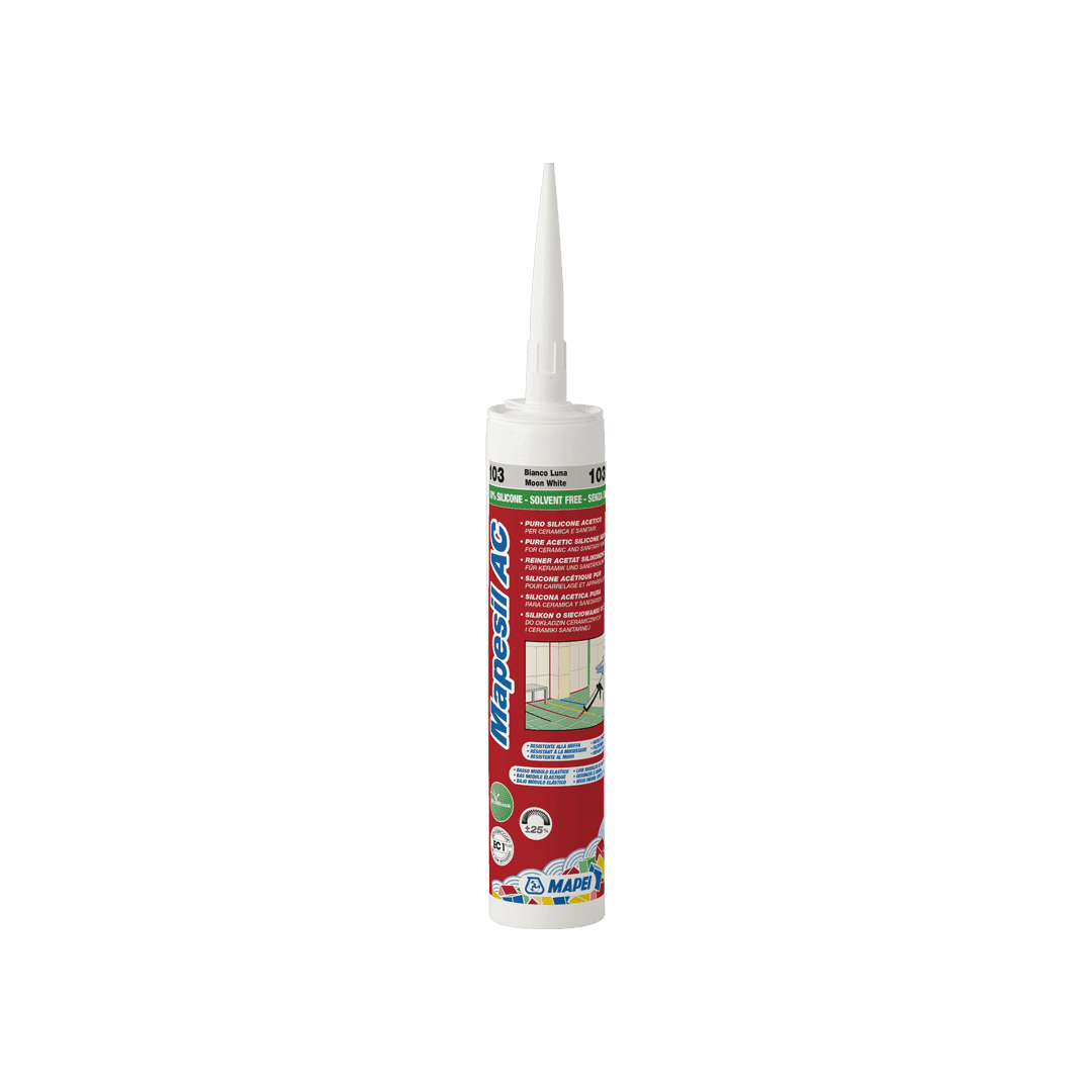 A cartridge of Mapei silicone sealant against a white background.