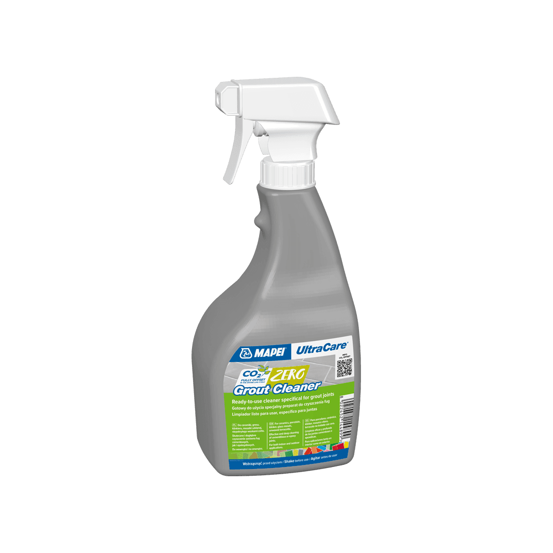 Bottle of MAPEI UltraCare Grout Cleaner with spray nozzle on a transparent background.