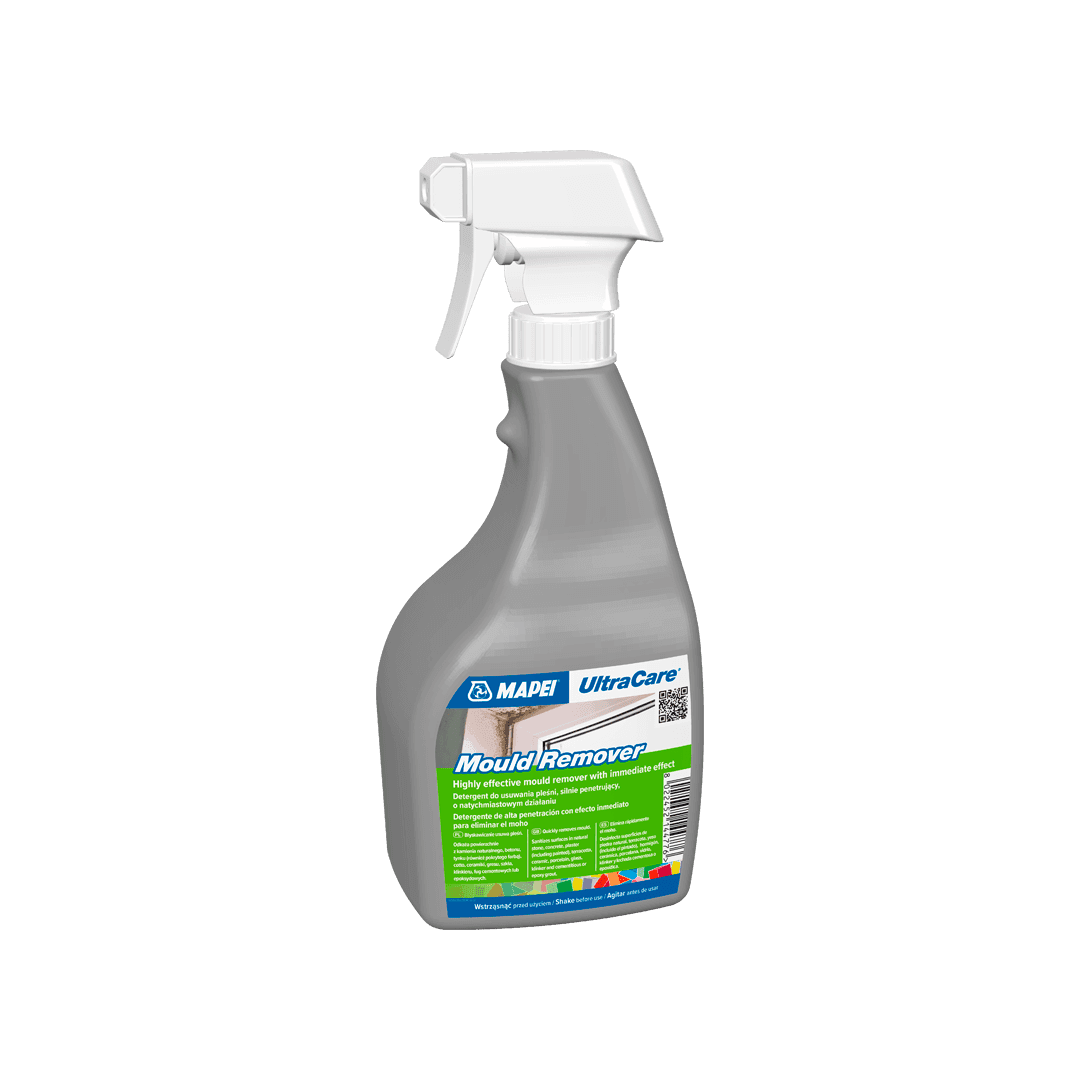 Bottle of MAPEI UltraCare Mould Remover with a spray nozzle, against a dark background.