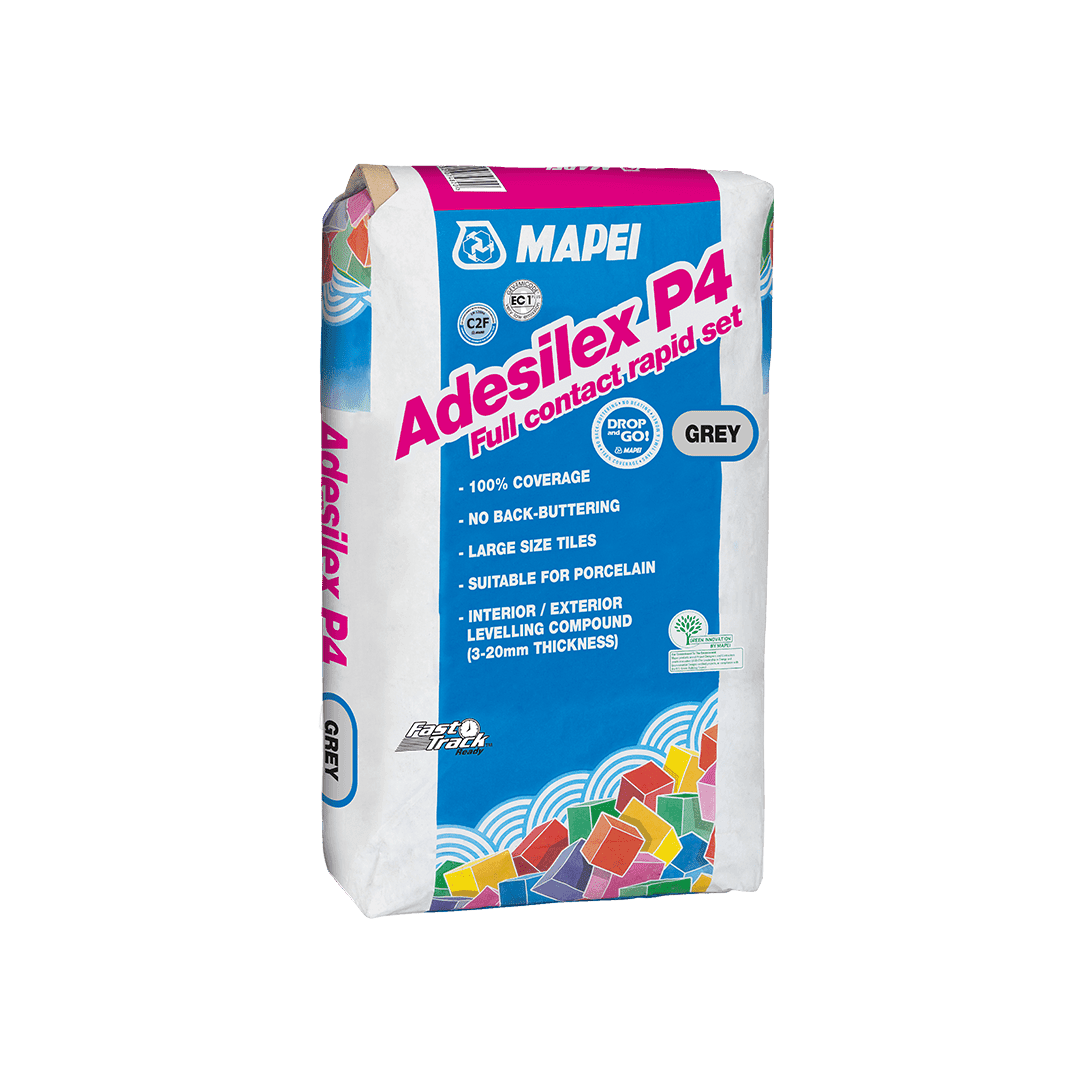 Bag of Mapei Adesilex P4 tile adhesive with product information and colorful geometric design.