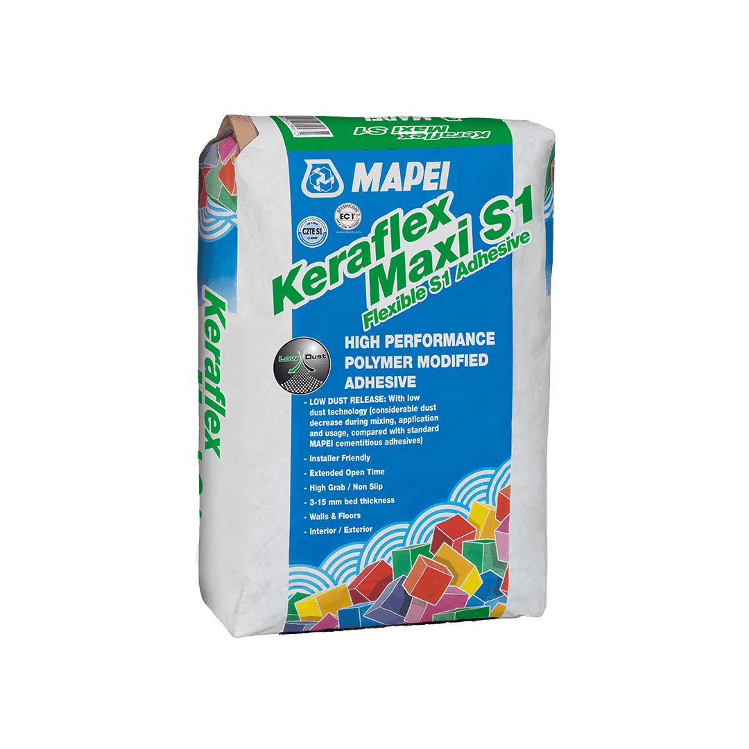 Bag of Mapei Keraflex Maxi S1 high-performance polymer-modified tile adhesive.