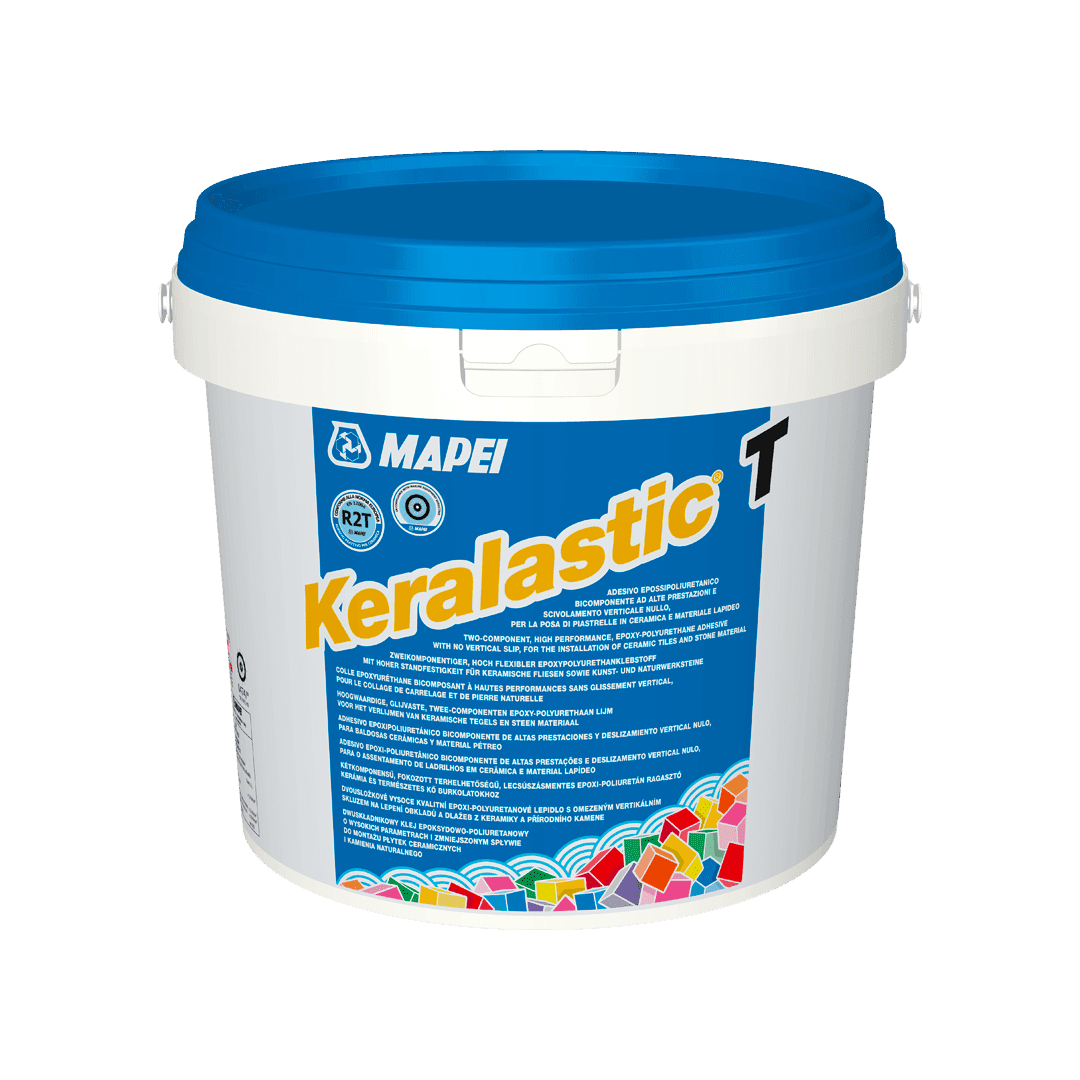 A bucket of MAPEI Keralastic T adhesive with a blue lid and detailed labeling.
