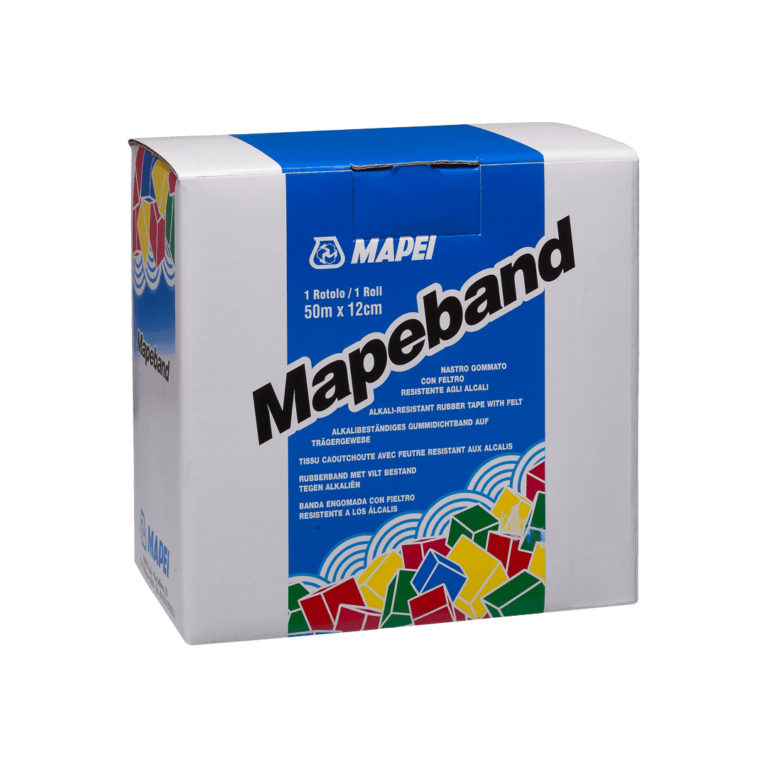 A box of Mapelband, alkali-resistant rubber tape, labeled in multiple languages.